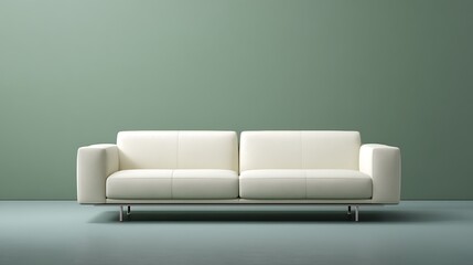 Sleek white sofa positioned in front of a muted sage green background with a subtle matte texture, captured in a perfectly symmetrical composition.