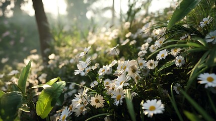 Soft-focus image of white daisies covering a lush green hillside, the sun casting long gentle shadows across the scene.
