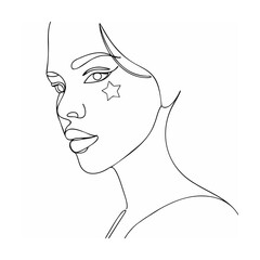 Minimalist line art portrait of a woman with star face decoration and elegant features