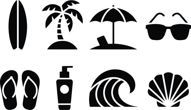 Summer beach vacation icons set vector illustration surfboard palm tree sunglasses flip flops sunscreen 100 editable stock vector illustration