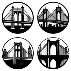 Four circular black and white illustrations showcasing different views of a suspension bridge design element