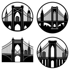 Four circular bridge and cityscape silhouettes in black and white vector illustration design art
