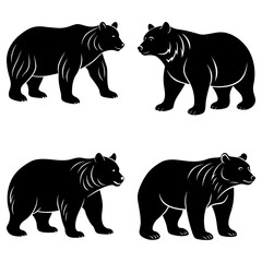 Four black bear silhouettes standing in various poses on a white background in a vector illustration