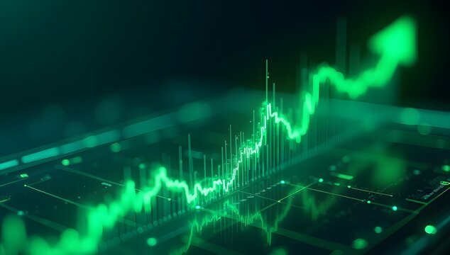 A dynamic, ultra-realistic digital composition symbolizing bull market growth, featuring green arrows, charts, and financial elements in a clean, futuristic style. AI-Generated.

