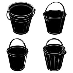 Illustration showing four black buckets with different designs and handle styles on a white background