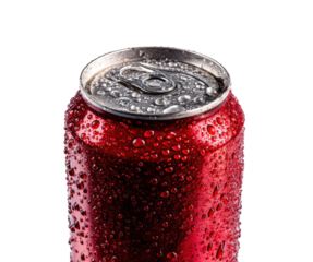 Refreshing cold beverage can with condensation in summer on a transparent background, cut out