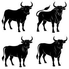 Four black bull silhouettes in various poses standing on a white background in a vector illustration