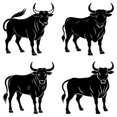 Four black bull silhouettes in various poses standing on a white background illustration art design