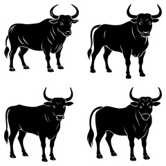 Four black bull silhouettes in various poses against a white background in a vector illustration
