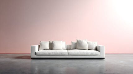 White modern sofa centered in a clean room with smooth gray concrete floor and a pale pastel background, lit with ambient soft shadows.
