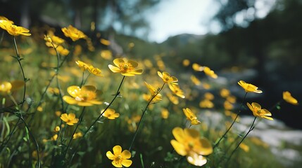 Wild buttercups dancing in a soft breeze over a sun-drenched valley floor, crystal-clear focus on each bloom.