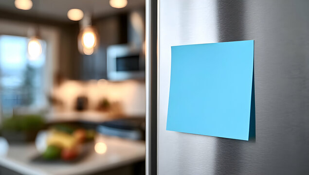 A blue sticky note on a refrigerator in a bright kitchen, perfect for reminders and everyday living.