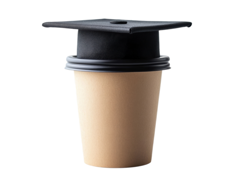 Coffee cup graduation cap concept for celebration and achievement on a transparent background, cut out