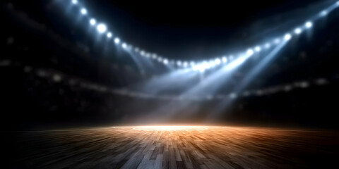 A dramatic spotlight illuminates the empty arena floor, creating a captivating atmosphere ideal for sports events.
