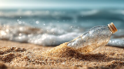 A BPA-free plastic water bottle partially buried in golden sand with waves in the background and detailed grains visible.