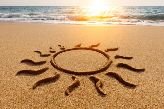 Sun drawn in the sand of a tropical beach at sunset - Powered by Adobe