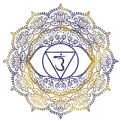 Fotobehang Mandala Third eye chakra Ajna of golden dark blue color with elegant mandala pattern and Sanskrit letters in the center. Energy balance. Hand-drawn watercolor illustration. Ethnic Indian pattern  © Elena Valeto