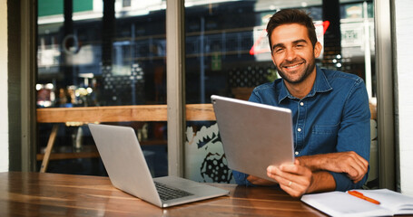 Cafe, man and portrait on tablet for freelancer, article information or online blog for...