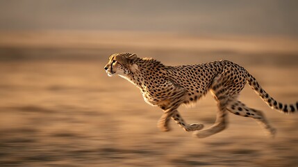 A cheetah sprinting across dry plains, motion blur accentuating its speed.