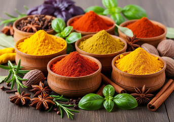 Différentes épices et herbes aromatiques colorées