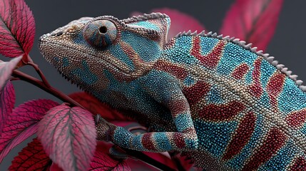 A chameleon blending into vibrant spring leaves, highly detailed skin texture, intricate patterns captured with ultra-precision.