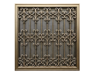 Ornate bronze security grate with a detailed pattern on a transparent background