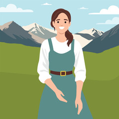 Woman in traditional village attire with scenic backdrop of green fields and snow capped mountains. Flat vector illustration isolated on white background