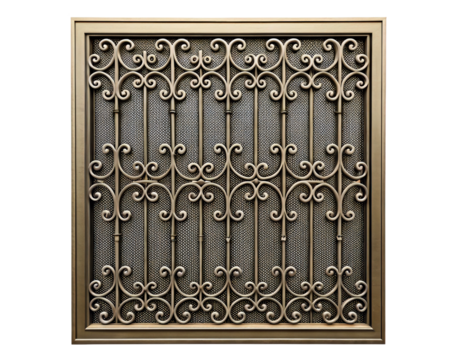 Ornate bronze security grate with a detailed pattern on a transparent background