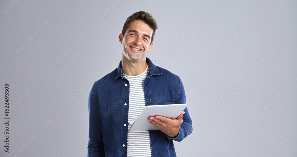 Poster tablet, student and happy with portrait in studio for social media, internet and website app. smile,