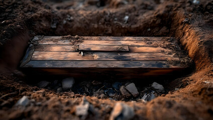 Fototapeta premium An open grave with a wooden coffin partially visible, surrounded by soil and rocks, evoking themes of mortality.