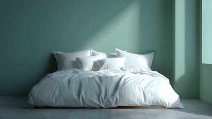 A clean minimal bed with snow white pillows and comforter set against a faded sea green wall, soft shadows falling naturally.