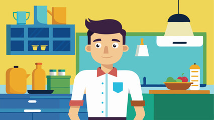 Cartoon Man in Restaurant Setting with Kitchenware, Counter, Fruit Bowl and Light Fixture