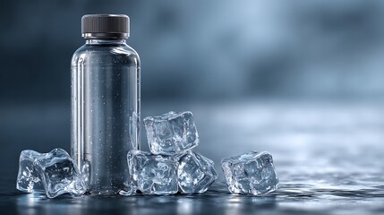 A clear water bottle placed beside melting ice cubes on a smooth surface, captured with high contrast and cold color tones.
