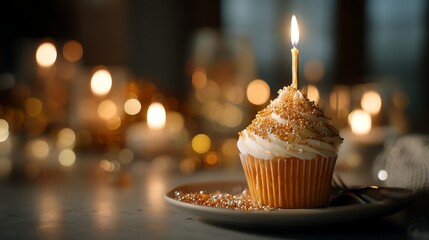 A close-up of a birthday cupcake with sparkling sugar details, a candle lit in a dimly lit room with festive bokeh in the background.