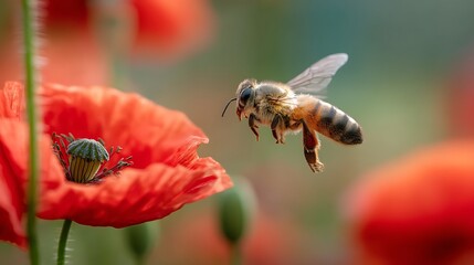 A close-up macro shot of a honeybee hovering above vibrant red poppies, wings frozen mid-motion.