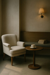 Cozy corner with a chair and coffee table.