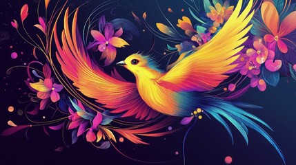 Obraz premium Colorful bird in flight surrounded by flowers.