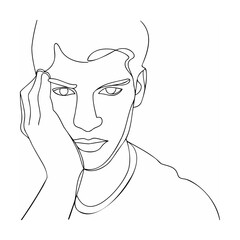 Minimalist one line drawing of a contemplative young man facing the viewer