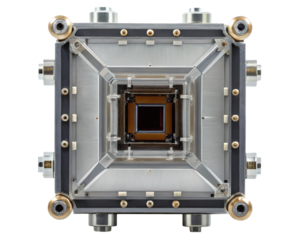 High precision optical sensor assembly with metal and clear parts on a transparent background