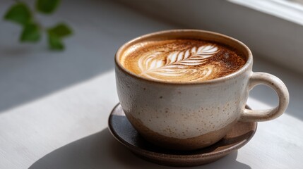 Ceramic mug shows latte art with window light reflecting softly. AI generated.