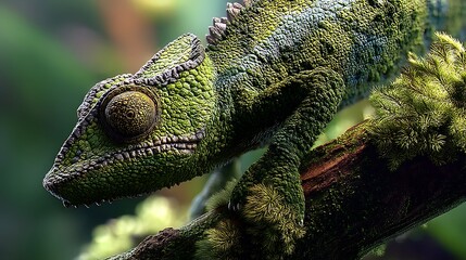 A close-up of a chameleon's textured skin as it grips a mossy branch in a rainforest.