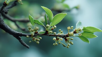 A close-up of a spring tree branch with vivid green buds and tiny blossoms, captured against a softly blurred background.