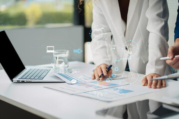 Digital transformation technology strategy, Person using laptop, tablet and smartphone with of...
