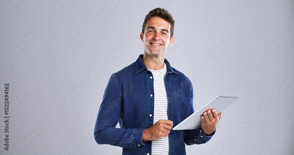 Poster tablet, model and smile with portrait in studio for social media, internet and website app. happy, m