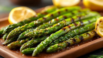 Grilled asparagus garnished with lemon, showcasing vibrant colors and appetizing textures on a wooden platter.