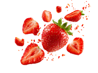 flying strawberries fruit and half slices on clipping path transprent