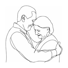 Simple line art illustration of an elderly couple embracing showing loving affection
