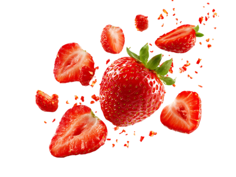 flying strawberries fruit and half slices on clipping path transprent