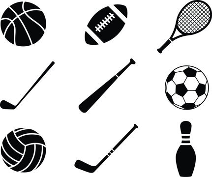 Sports equipment vector icons set basketball football tennis golf baseball soccer volleyball bowling hockey editable stock vector illustration