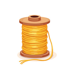 Golden twine spool on wooden base. This spool of golden thread is perfect for crafting projects and DIY.  High-quality image of golden twine spool ideal for packaging design and textile industry.